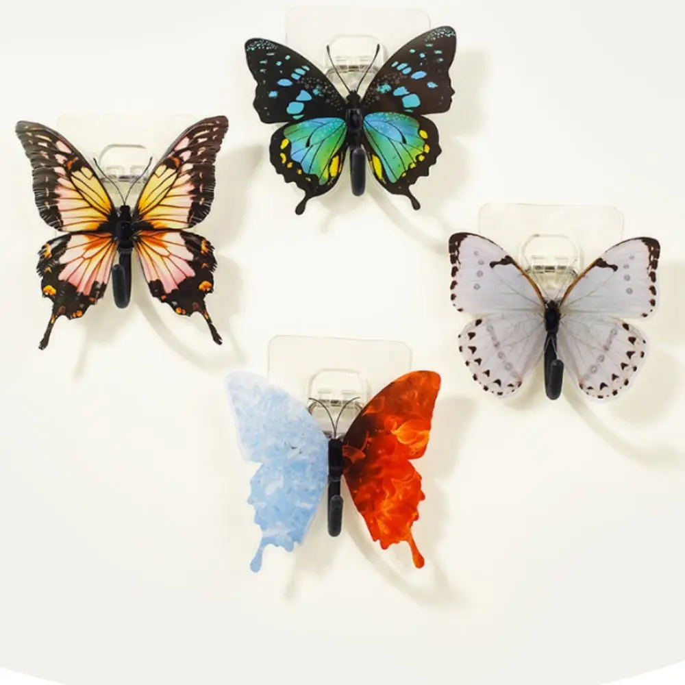 4pcs Waterproof Wall Hooks Butterfly Shape Vivid Printing No Drill Hooks Space-Saving Acrylic Material Hanging Hooks Entryway