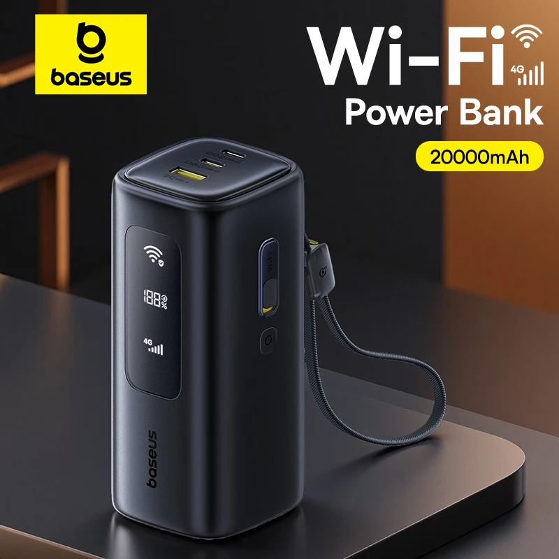 Baseus 4G MiFi Power Bank 20000mAh 67W Detachable USB-C Cable Portable Wi-Fi External Battery Power Supply Connected Power Bank