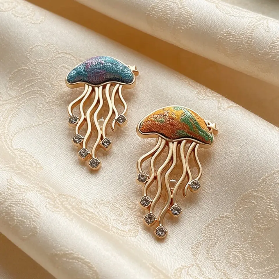 Chinese Style Imitation Song Brocade Jellyfish Brooch Rhinestone Inlaid New Chinese Hanfu Decorative Corsage Ocean Animal Lapel