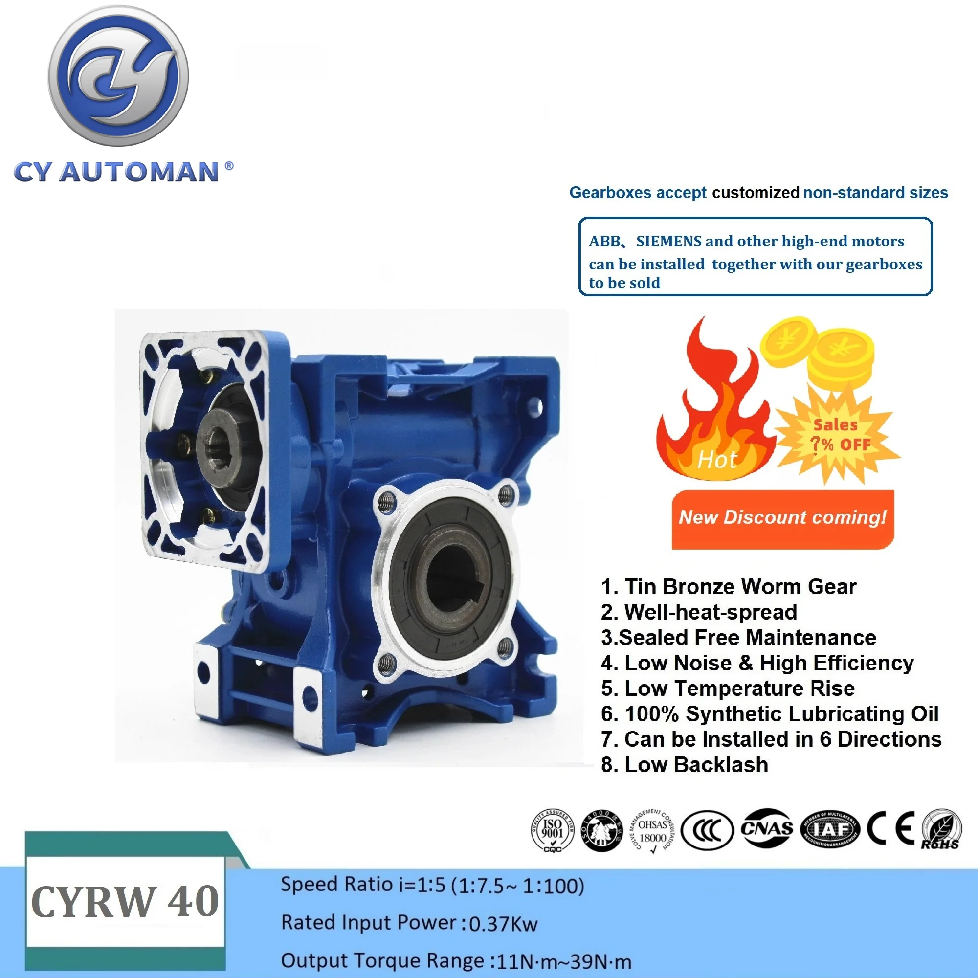 

CYAutoman Worm Gearbox Speed Reducer NMRW 40 Input 14/11 Output 18mm Ratio 5:1-100:1 rated power0.09-0.37kW Torque 11-39N.m