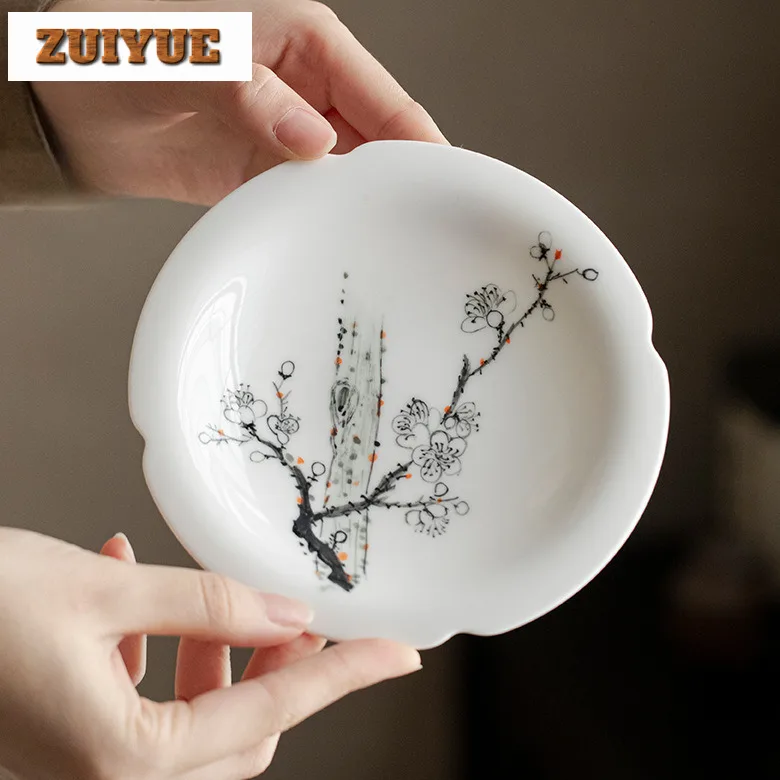 

White Porcelain Hand-painted Plum Blossom Flower Mouth Pot Bearing Holder Teaware Base Dry Soaking Table Tea Tray Coasters Cafes