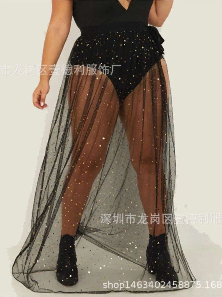 Women Black Sexy Mesh Bikini Beach Skirts Ladies Summer Sequin Split Lace-up Skirt Large Beachwear Shiny Sarong Female New Skirt