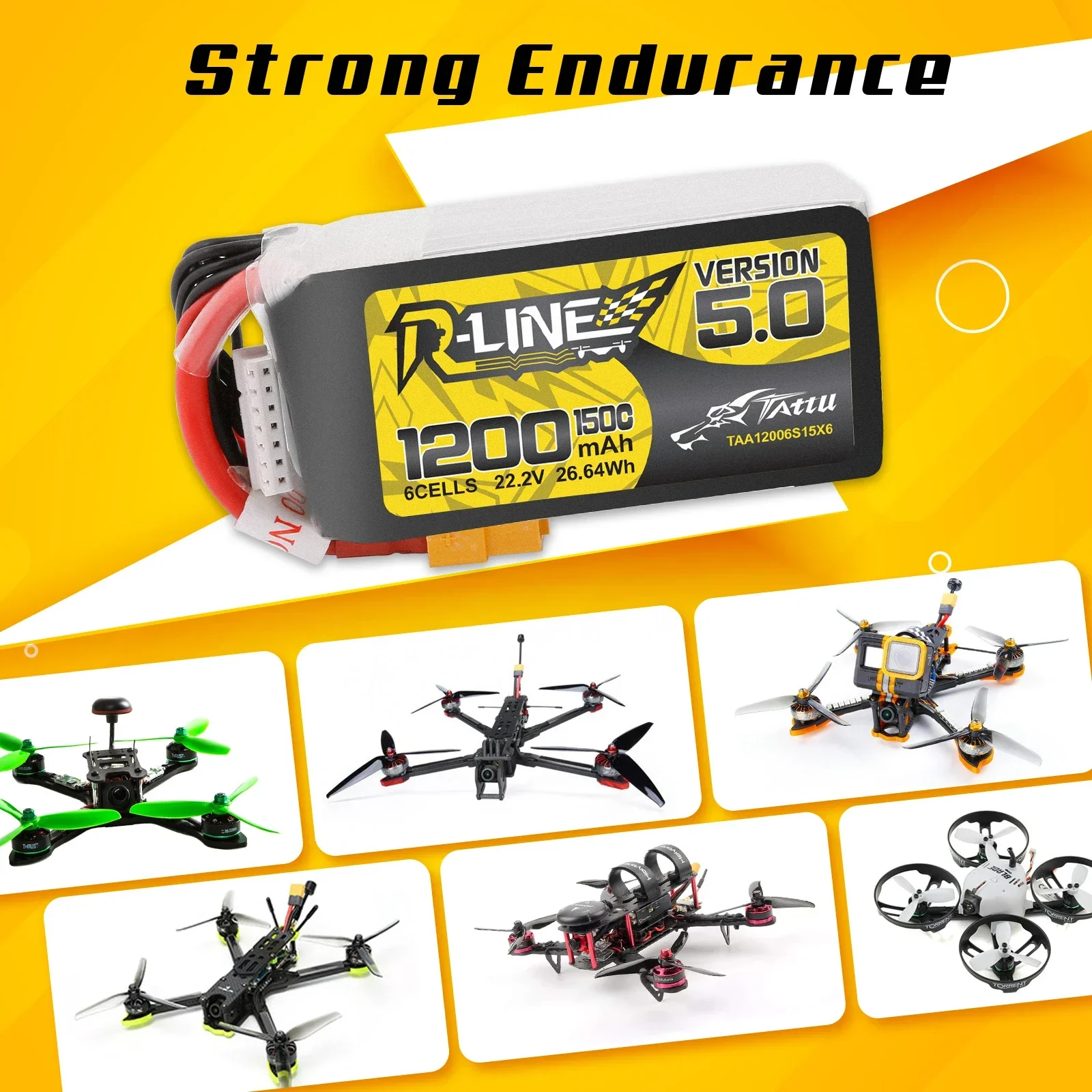 Tattu R-Line 1200Mah 6S Lipo Batterij 22.2V 150c Xt60 Plug Rc Power Voor 5-Inch Vliegtuigen Fpv Racing Multirotor Quadcopter Frame