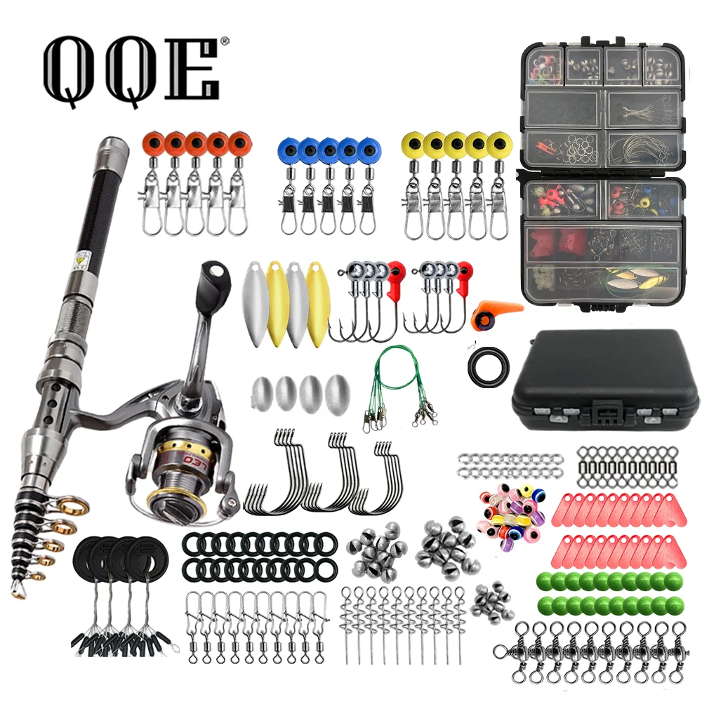 QQE 1.8M High Carbon Fiber Telescopic Fishing Rod Set Spinning Reel Hard Tackle Box Hooks Sinkers Complete Fishing Gear Kit