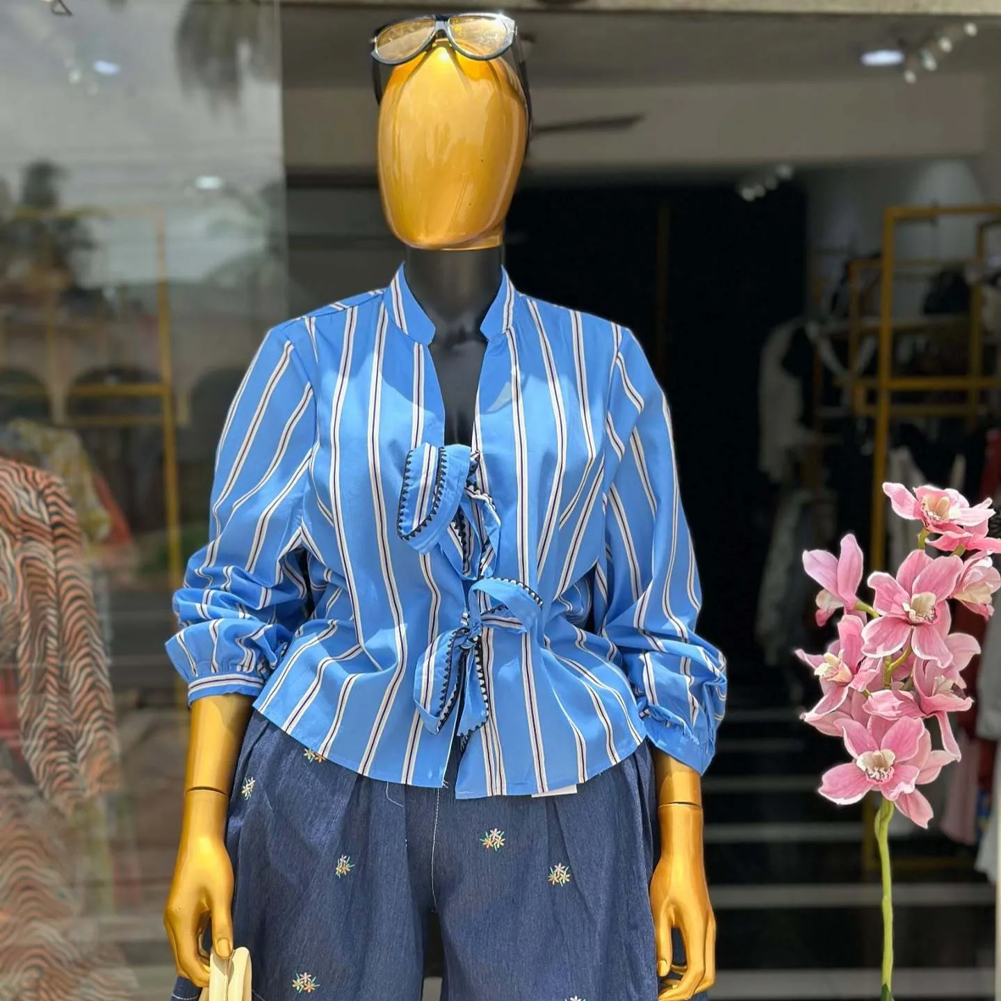 

Women Blouse Striped V Neck Blouses Women's Mid Length Button Down Shirt Blue Striped Top Long Sleeve Shirt Cropped Ruched Waist