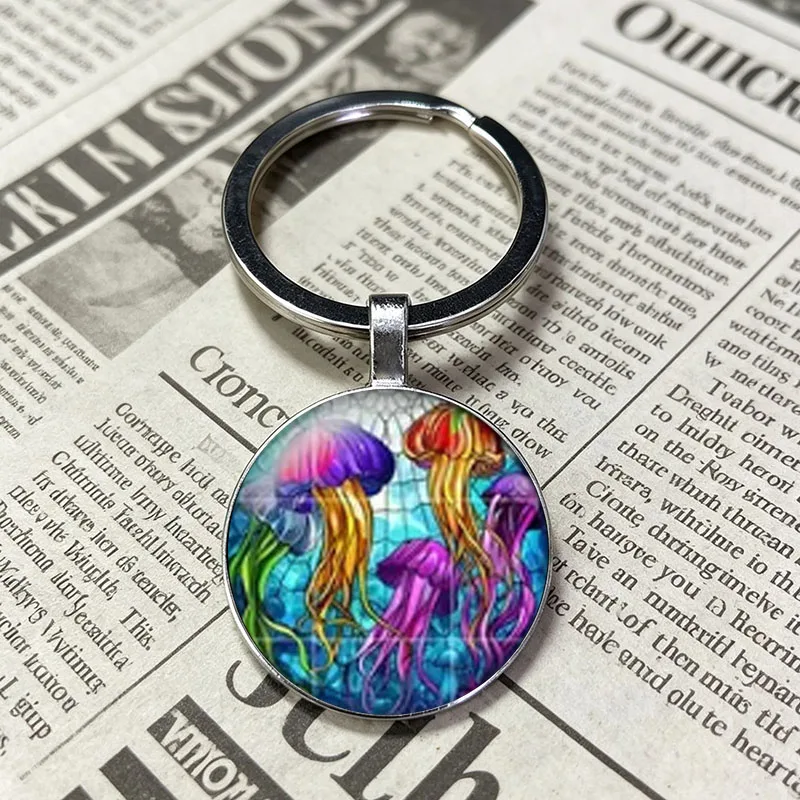 Bright Rainbow Multicolor Cluster Jellyfish Glass Cabochon Keychain, Dreamy Mermaid Tropical Ocean Backpack Purse Decor Key Char