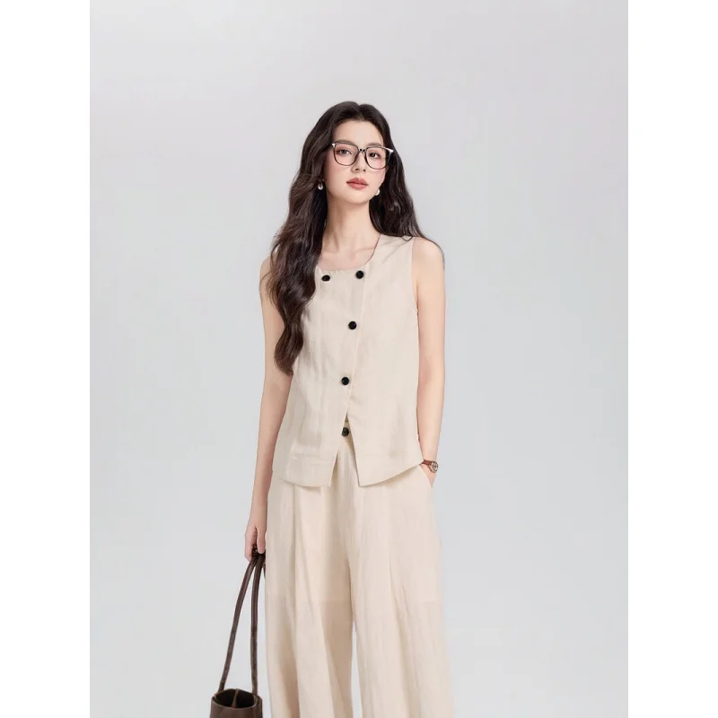Apricot-colored women's suit vest, new spring-summer style, high-end linen casual commuting set, vest and wide-leg pants two-pie