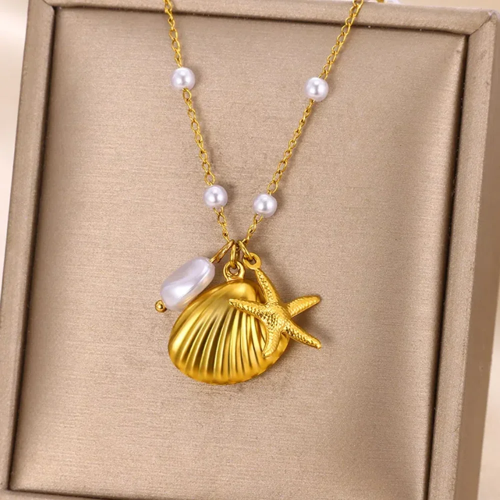 Vintage Starfish Shell Pearl Necklace For Women Gold Color Stainless Steel Pendant Shell Necklace Aesthetic  Summer Jewelry Gift