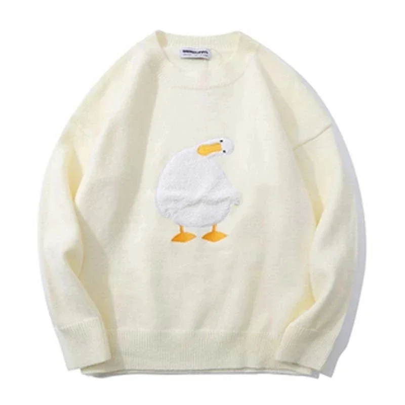 Men Harajuku Sweater Cartoon Duck Goose Embroidery Knitted Pullover Japanese College Style O-Neck Jumper Unisex Spring Autunm