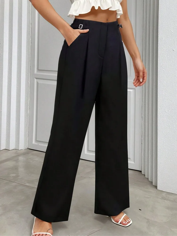 กางเกงขายาวสีดำเงาสำหรับผู้หญิง เอวสูง เหมาะสำหรับทำงานในออฟฟิศ ทรงเต็มตัว สำหรับฤดูใบไม้ร่วง ฤดูใบไม้ผลิ ฤดูร้อน ปี 2026