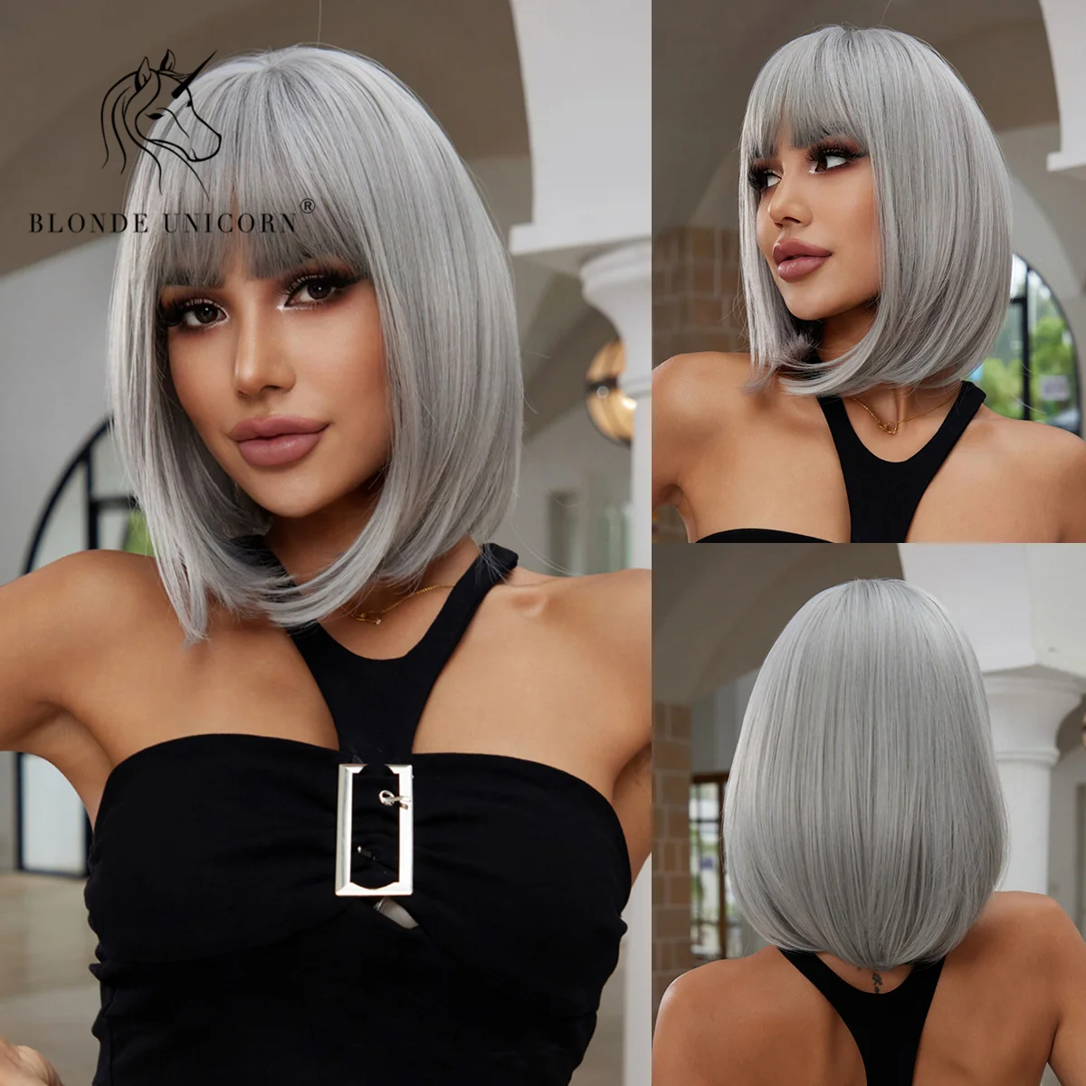 Peluca sintética con flequillo para mujeres negras y blancas, pelo corto Natural, resistente al calor, color rubio, unicornio, gris, uso diario,