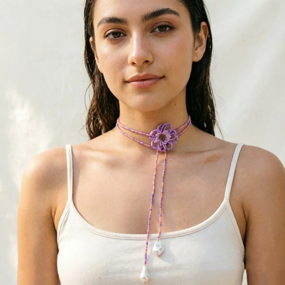 Böhmische handgefertigte Halskette mit gewebten Reisperlen und Blumenmuster für Damen, barocke Kunstperlen-Quastenkette, lange Pulloverkette, Schmuckstück – Detail 18
