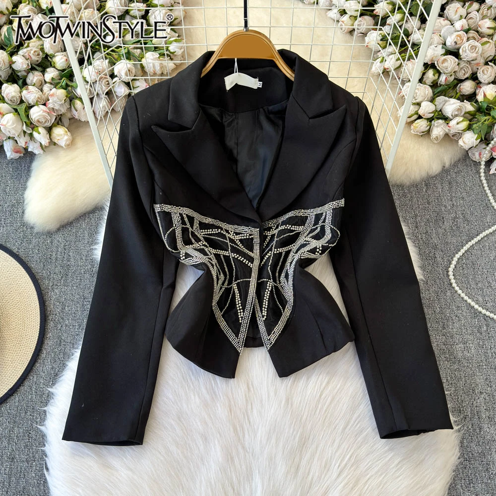 

TWOTWINSTYLE Solid Patchwork Diamonds Chic Blazers For Women Notched Collar Long Sleeve Temperament Slim Coat Female KJA518168