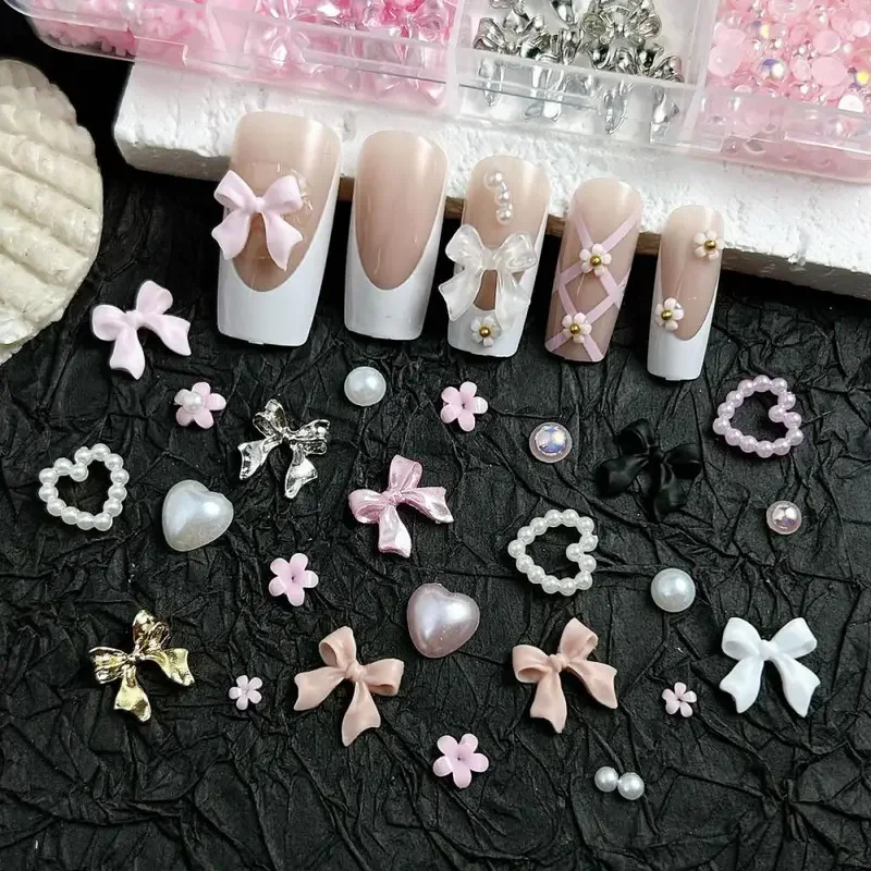 1Box Sweet Dreamy Multi-Color Resin Nail Art Charms with Bows Hearts Simulated Pearls for DIY Crafts & Party Nail Designs