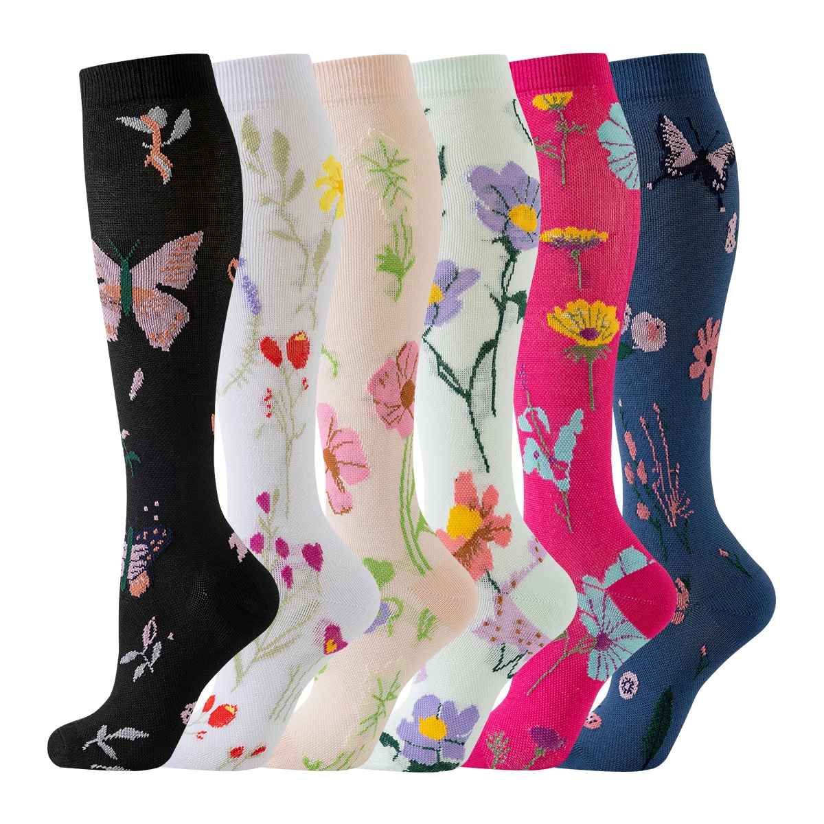 

6 PAIRS Floral Compression Socks for Women & Men Nurse Graduated Compression Socks Flower Sport Stocking