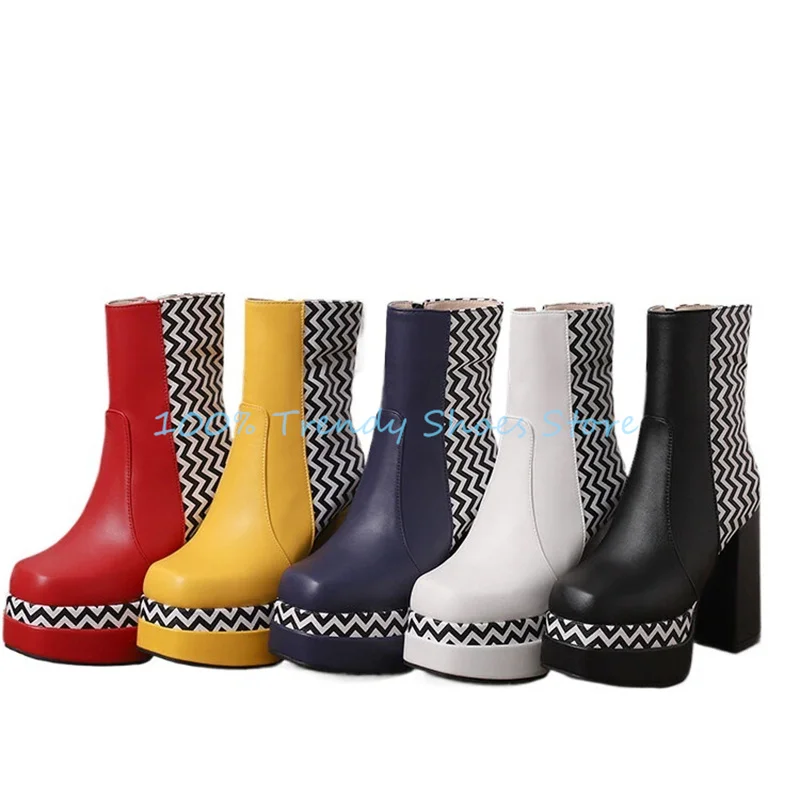 

Fashion Mixed Color Stripe Printed High Top Women Boots Chunky Platform Square Heel Zipper Ankle Boots Ladies Party Dress Shoes