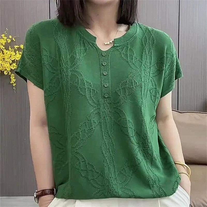 Women Clothing 2024 Summer Fashion Jacquard Ice Silk Short Sleeve Thin Knitted T-shirt Simple Casual V Neck Loose Pullover Tops