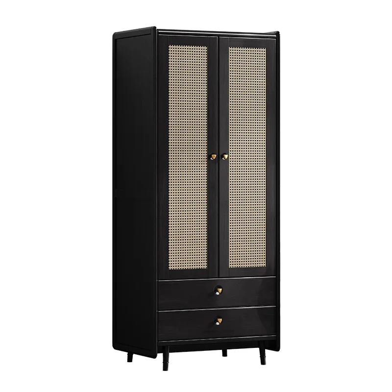Solid wood rattan wardrobe with household small apartment bedroom storage storage cabinet retro style two-door folio wardrobe