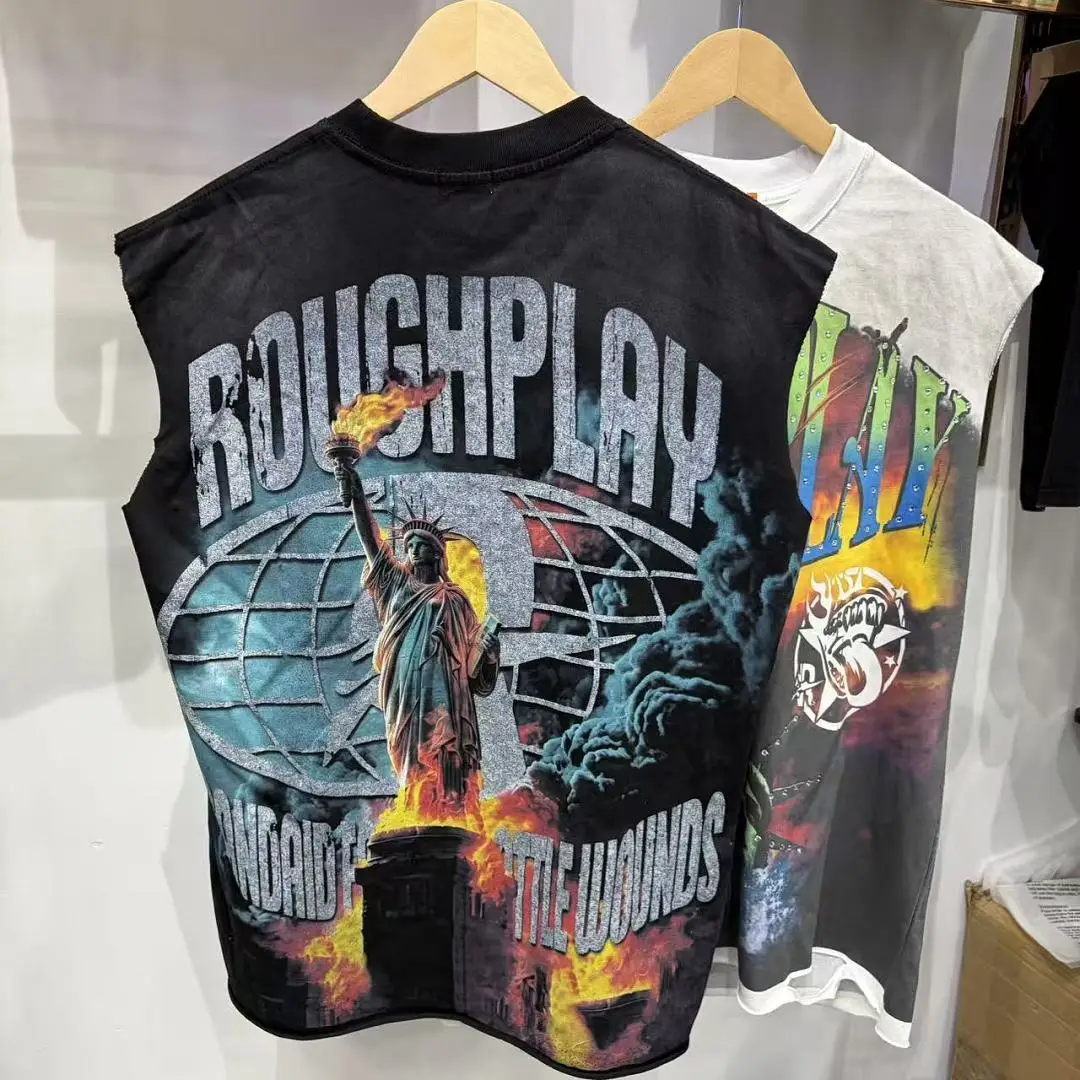 New High Quality Rough Play Street Style Letter Print Women Men Vest tees Washed Vintage Men Casual No-sleeved T shirt