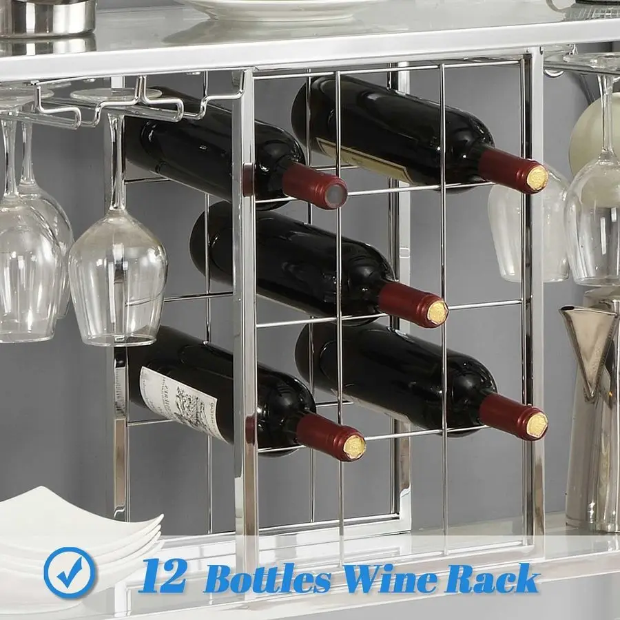 Wine Rack Table with Glass Holder, 3Tier with Temered Glass Shelves, Modern Liquor Cabinet with Storage for Wine Bar, Living Roo