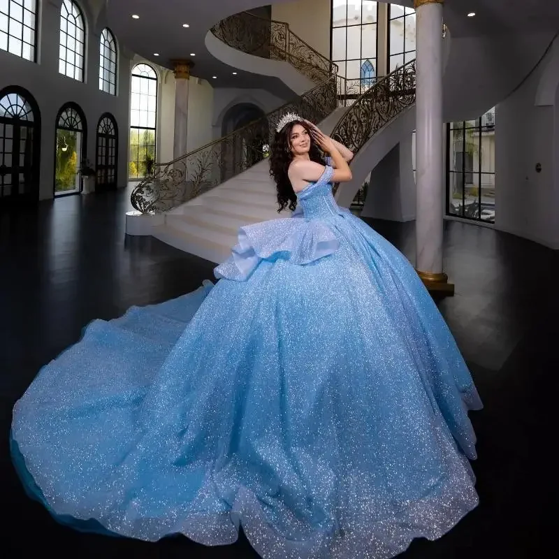 ANGELSBRIDEP SKy Blue Quinceanera Dress Off Shoulder Crystal Beading Sequined Vestidos De 15 Anos Formal Birthday Customized