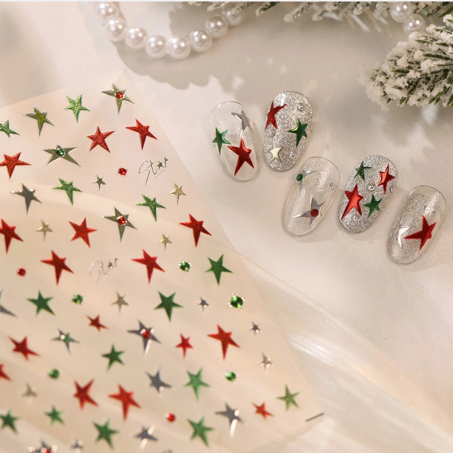Minimalist Xmas Star 5D Nail Stickers Red Green Five Pointed Star Self Adhesive Nail Sliders Christmas Holiday Nail Decorations