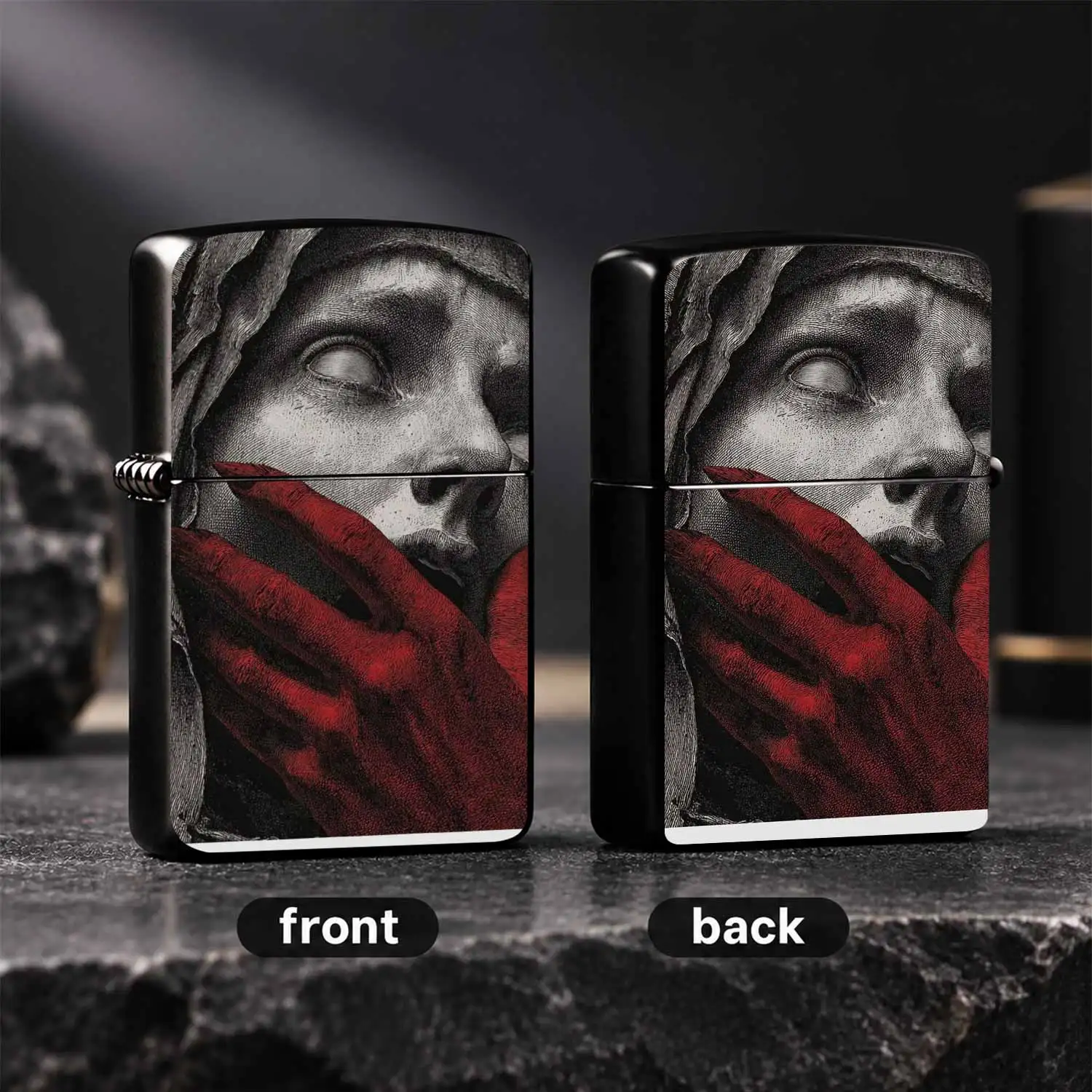Vintage Etched Art, Dark Gothic Style Blindfold Red Hand Figure Print, Durable Durable Housing Windproof Portable Pocket, Unique Creative Collectible  Igniter , Ideal Gift For Boyfriend Men For Daily Use Festival A Fun And Humorous Lighter