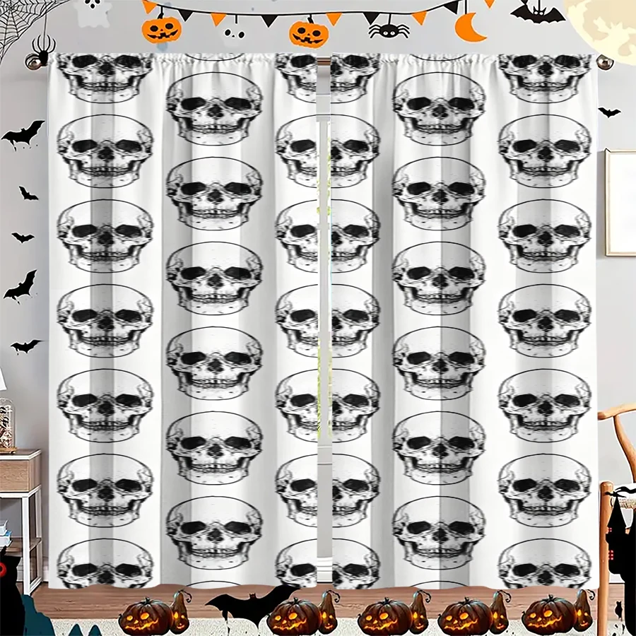 2PCS Digital Print Curtain, Black White Sketch Skulls Pattern, Monochrome Halloween Skeleton Style for Living Room Bedroom Decor