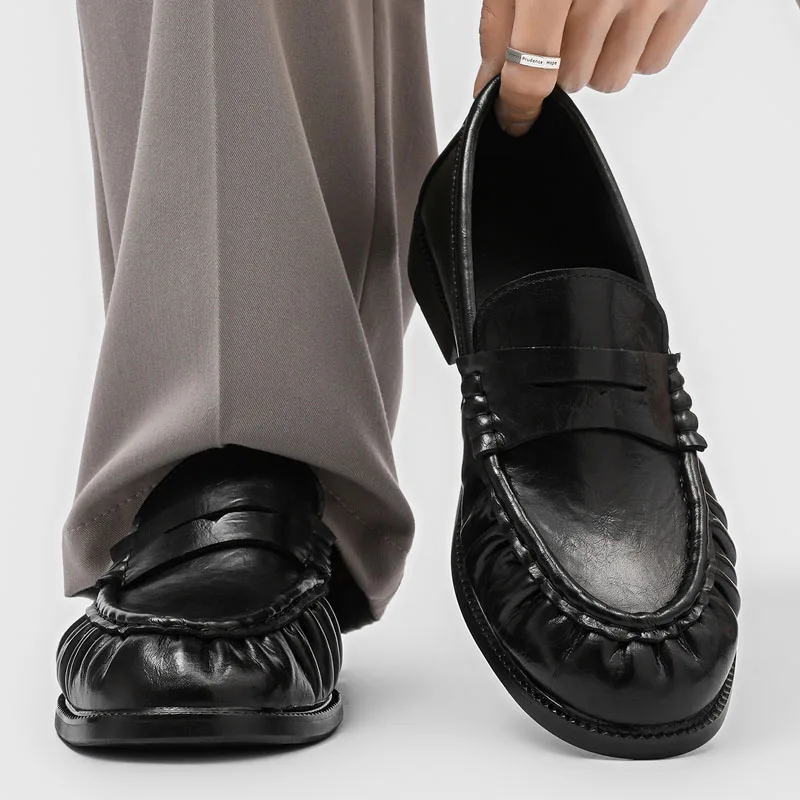 Casual Leather Shoes Men's Business Formal Commute  Shoes Folded Lazy One-Step Loafers Old Money Style Glue Adhesive Shoes