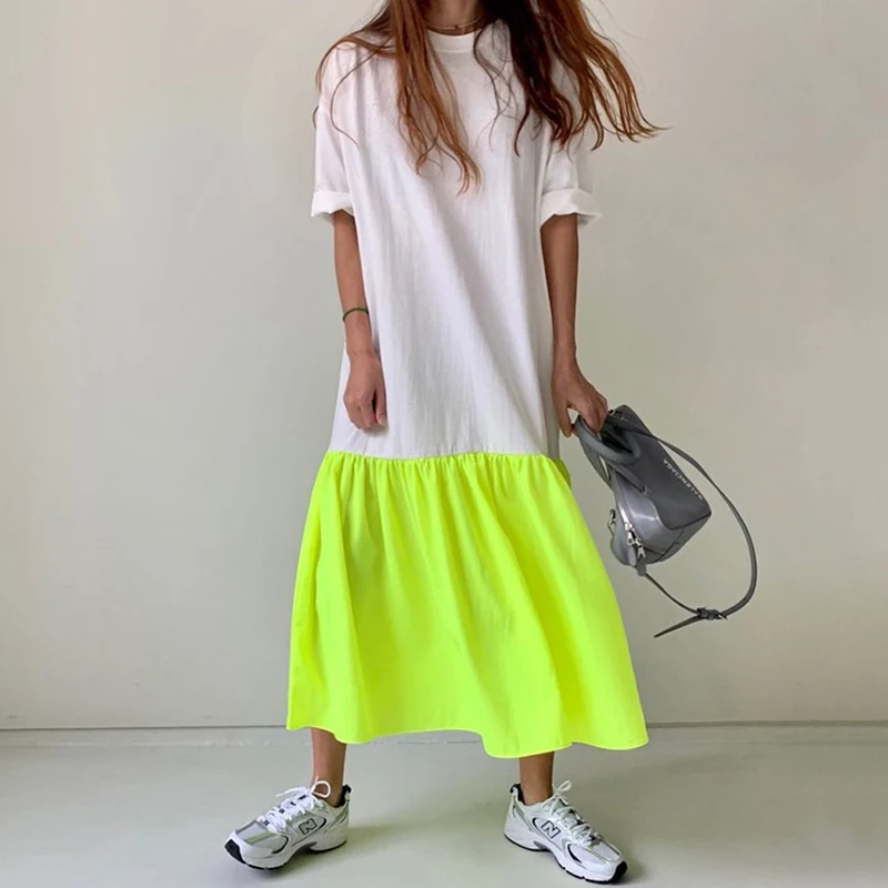 Chic Anti-âge rond Ne ample ourlet plissé couleur Blo T-shirt Sle Long Dr femmes coréen Sle trajet été Dr