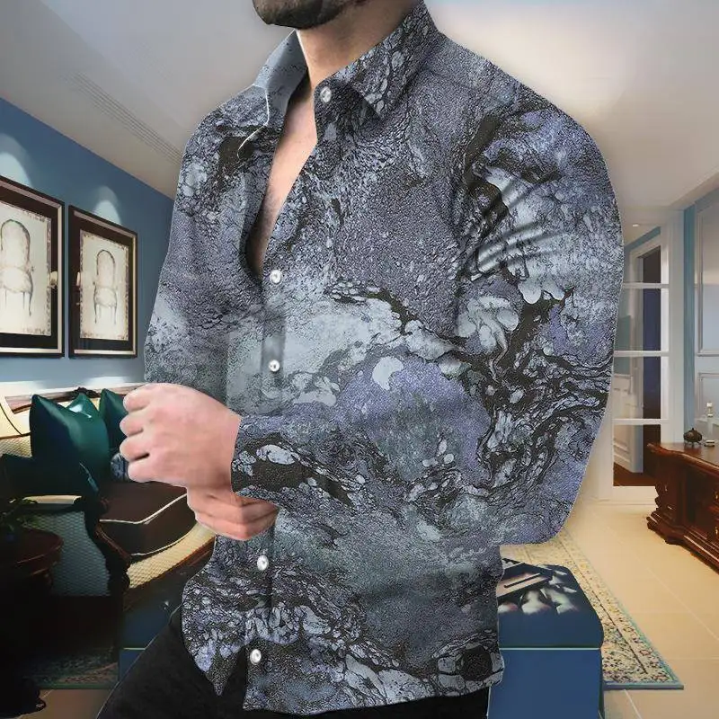 

Spring Autumn 2023 Men's Casual Long Sleeve Printed Open Cardigan Comfortable Breathable Fashionable Men's Shirt Geometric Pa...