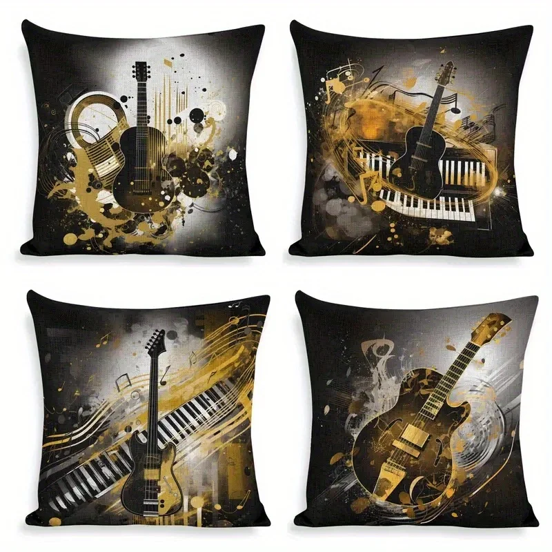 Set of 4 Guitar Music Art Pillowcases Throw Cushion Cover 40x40cm Stylish Rock Musician Home Decor Pillowcase