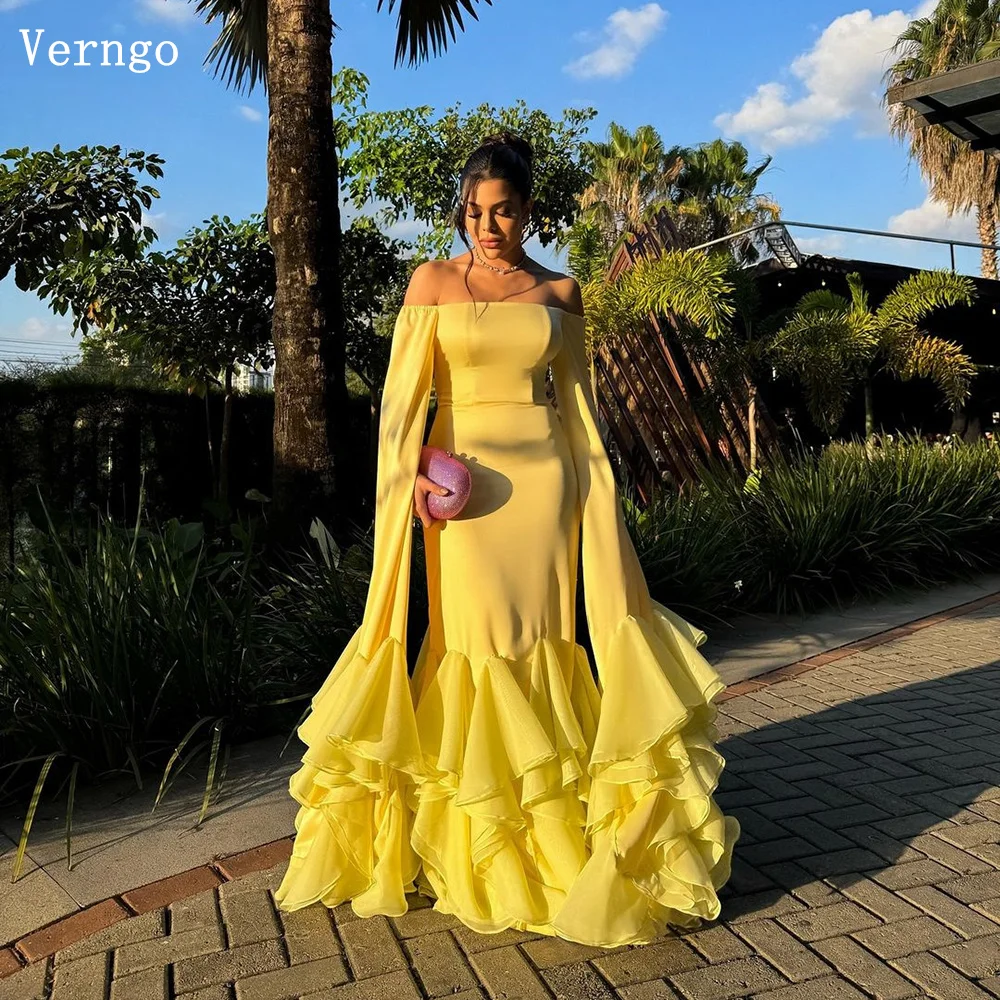 

Verngo Yellow Crepe Evening Dress Off The Shoulder Mermaid Saudi Arabic Prom Party Dress Maxi Elegant Prom Gown Customized