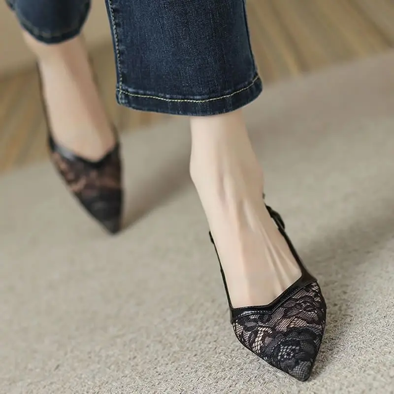 Ladies Sexy Lace Pointed Toe Stiletto Shoes for Women 2024 Summer New Fashion Back Empty Toe Sandals for Women Zapatos De Mujer