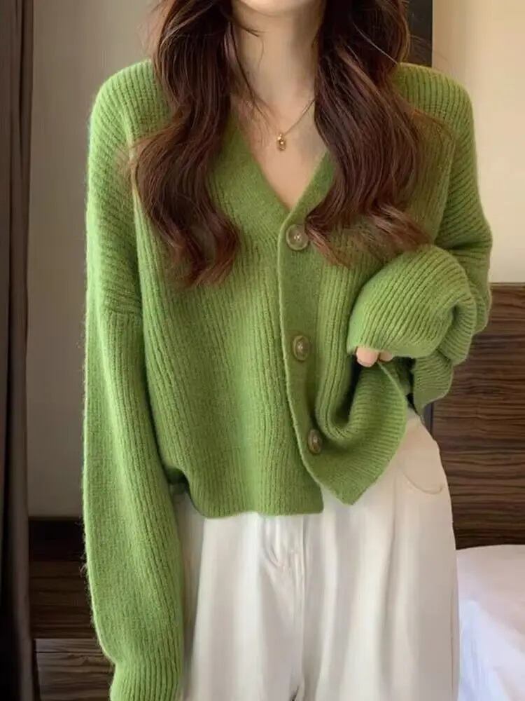 

100% Merino Wool Women's V-neck Cardigan Loose Button Autumn Winter Thick Casual Fashion Cashmere Knitted Sweater
