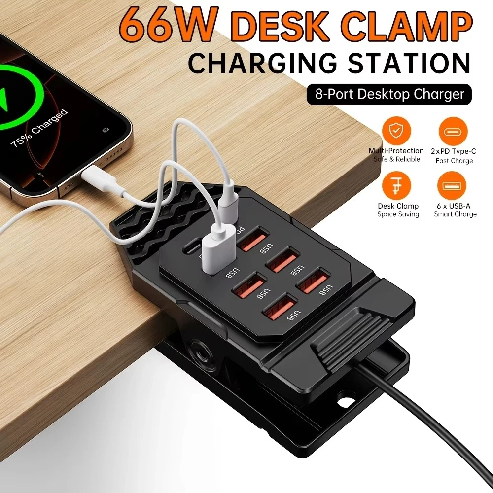8-port desktop clip on USB charging hub, capable of clamping desktop USB splitters for simultaneous charging of multiple devices