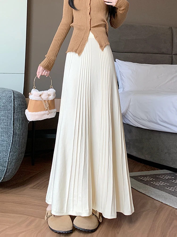 

Женская зимняя новая вязаная плиссированная юбка А-силуэта с высокой талией, длинная миди-юбка, светло-бежевая, струящаяся, повседневная, с эффектом похудения