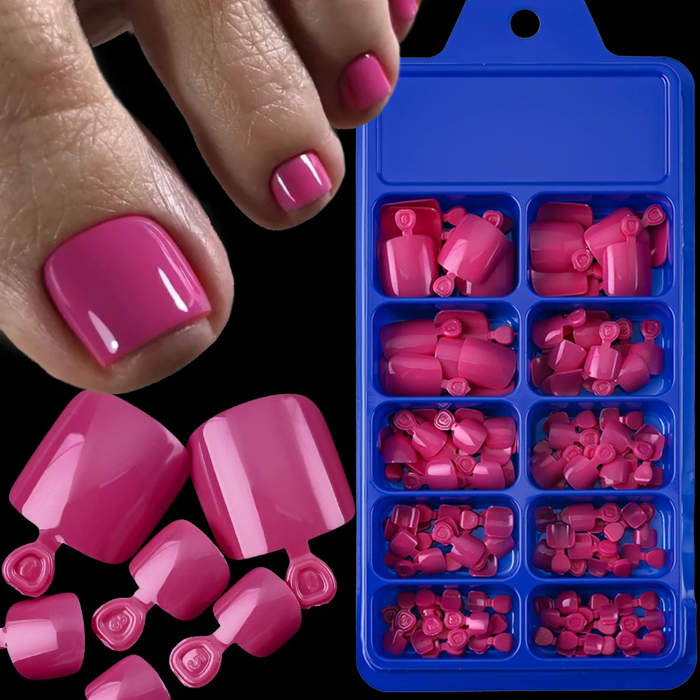 100Pcs Fake Toenail Natural Press On Toe Foot Rose Red Full Cover Square Nails Art Tips Artificial Acrylic Glossy False Toe Tips