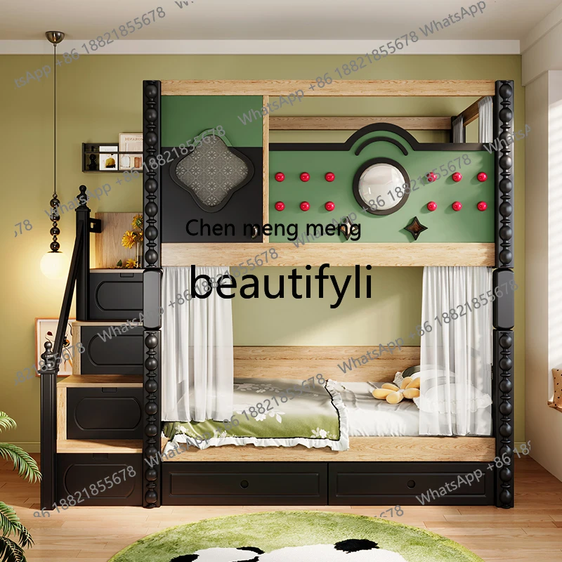 upper and lower double-layer multi-functional all-solid wood child and mother slide bed upper and lower bunk sister bed doubleH