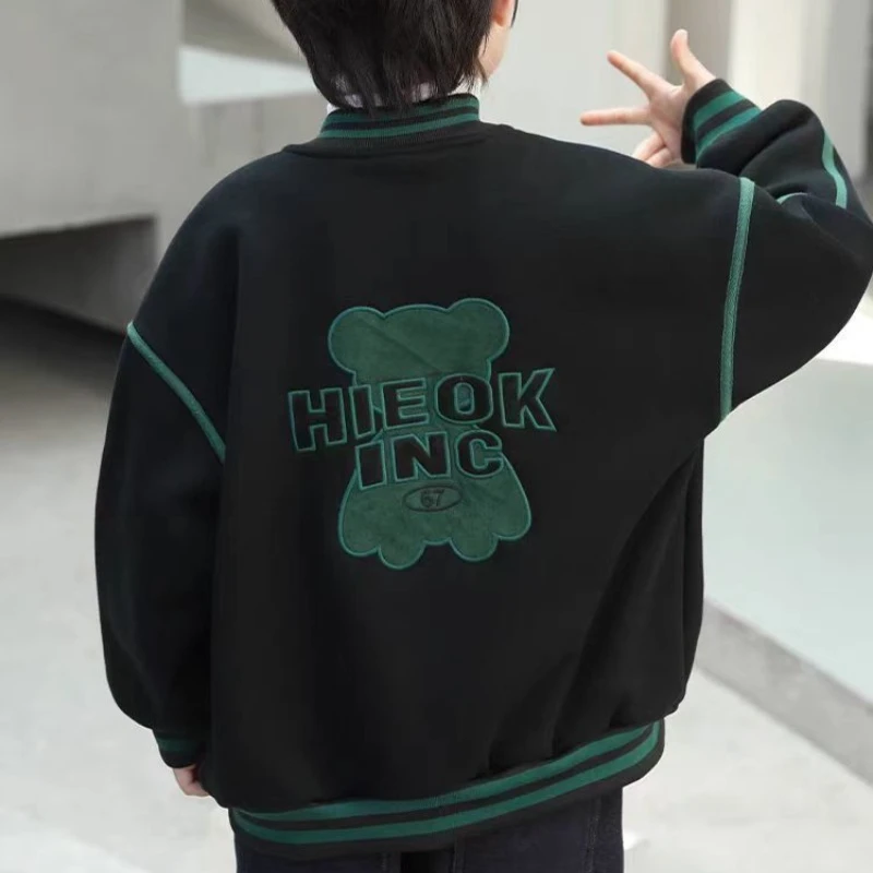 Boys' Fleece Lined Hooded Baseball Jacket 2025 Spring Fall Korean Style Hot Sale Youth Fashion Warm Coat for Boys