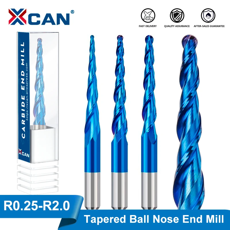 

XCAN Ball Nose Tapered End Mills R0.25-R2.0 Solid Carbide CNC Router bites HRC65 Nano Blue Coating Metal Wood Engraving Bit