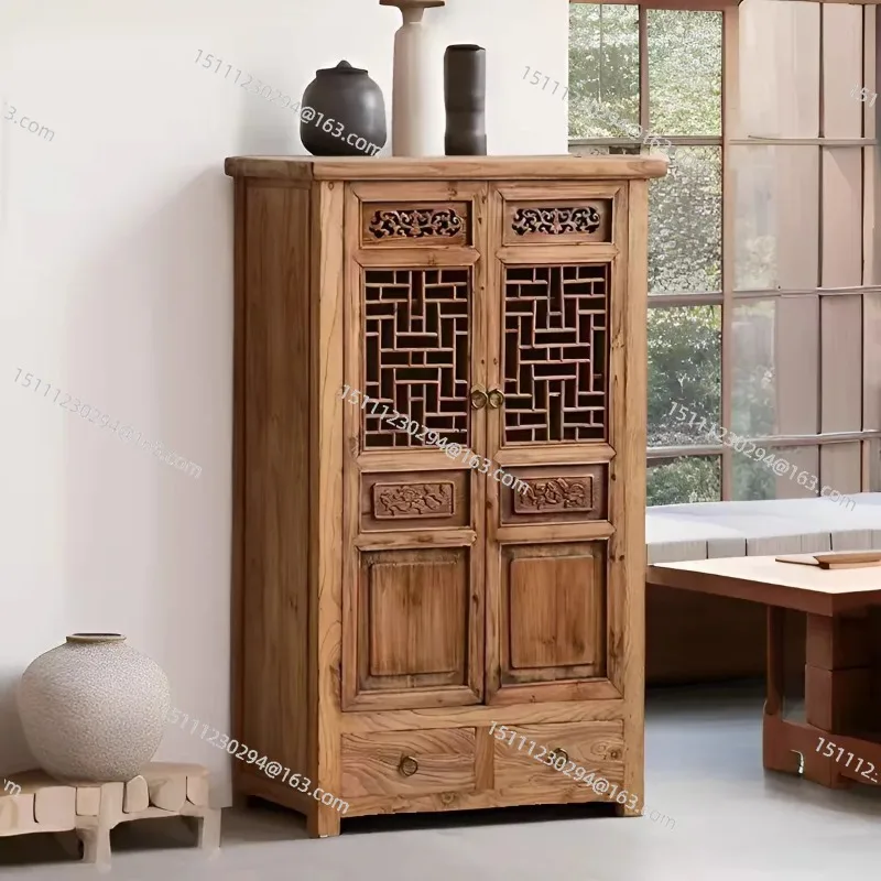 

Old elm dining side cabinet New Chinese solid wood locker Antique tea room Tea side cabinet B & B carved decorative cabinet