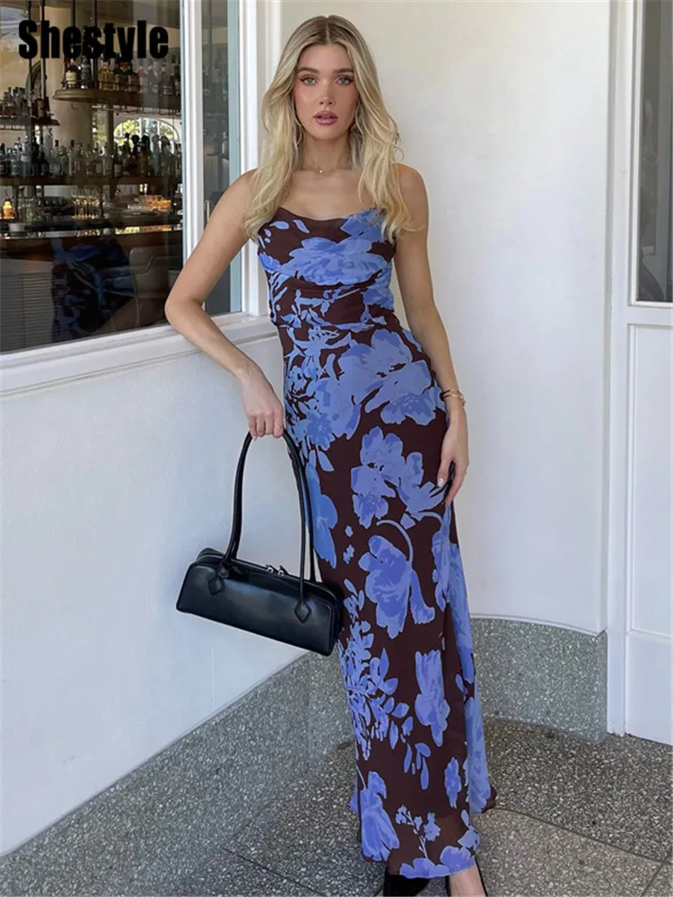 Shestyle فستان طويل بدون ظهر للنساء طبقة مزدوجة Bodycon السباغيتي حزام الأزرق زهرة يتأرجح طوق أنيق الشكل يمسك