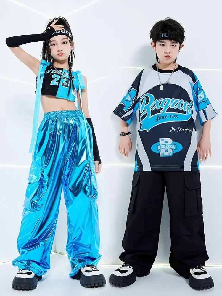 Kids Street Dance Costumes Boys Hip Hop T-shirt PU Leather Shiny Cargo Pants Girls Cool Crop Top Streetwear Child Jazz Clothes