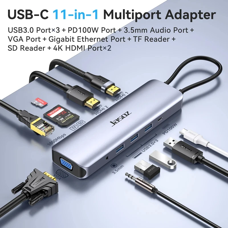 11 in 1 USB C Hub Docking Station 100W PD Gigabit Ethernet SD TF VGA Audio for Laptop