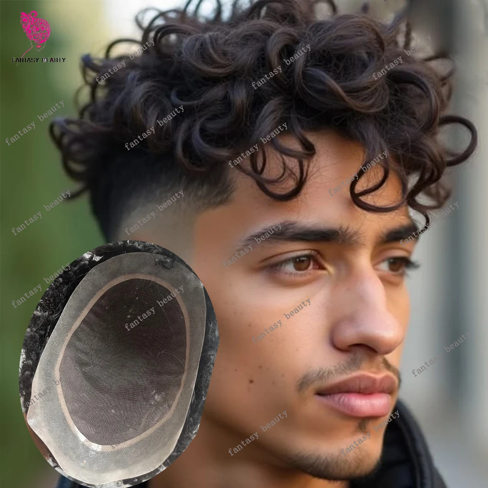 

Undetectable European 28mm Loose Curly Style #2 HumanHair Durable Mono Top Swiss Lace&Pu Afro Men #1b Black 20mm Curl Hairpiece