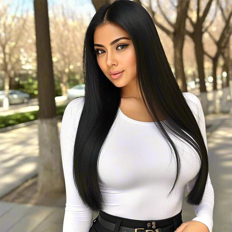 

Black long straight synthetic wig for women, 28 inches, Halloween music festival cosplay style, fluffy and elegant