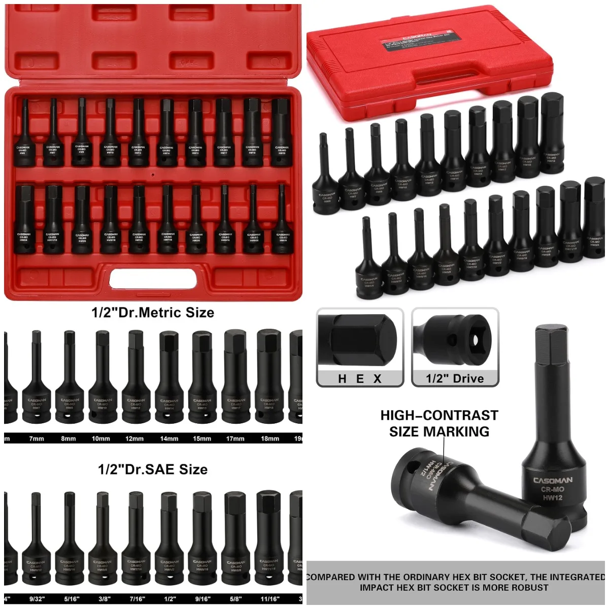 

Набор шестигранных бит с ударным приводом 1/2 дюйма, SAE/метрическая, 6–19 мм, сталь Cr-Mo, 20 предметов