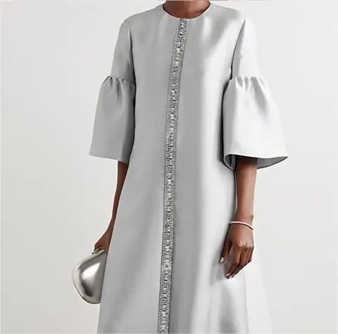 Women's Luxury Silver Gown with Crystal Embellishments Fit Dress 2026 New Summer Elegant Flared Sleeves Midi Evening Dresses