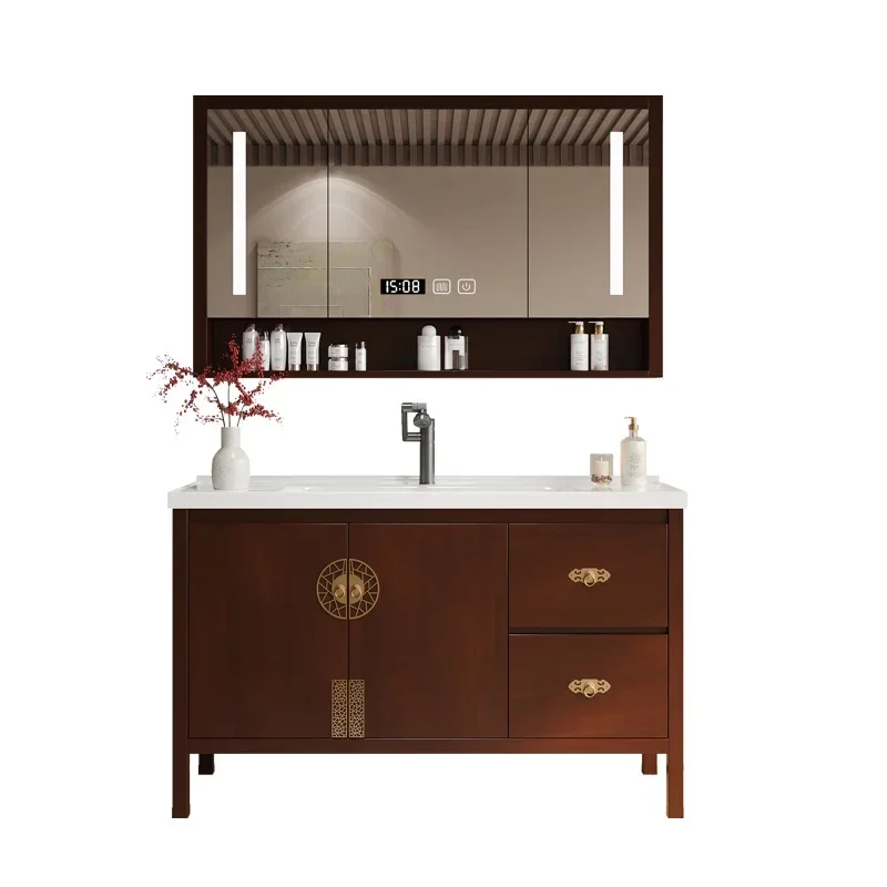 New Chinese oak floor-to-ceiling bathroom cabinet combination intelligent solid wood washing table integrated ceramic basin